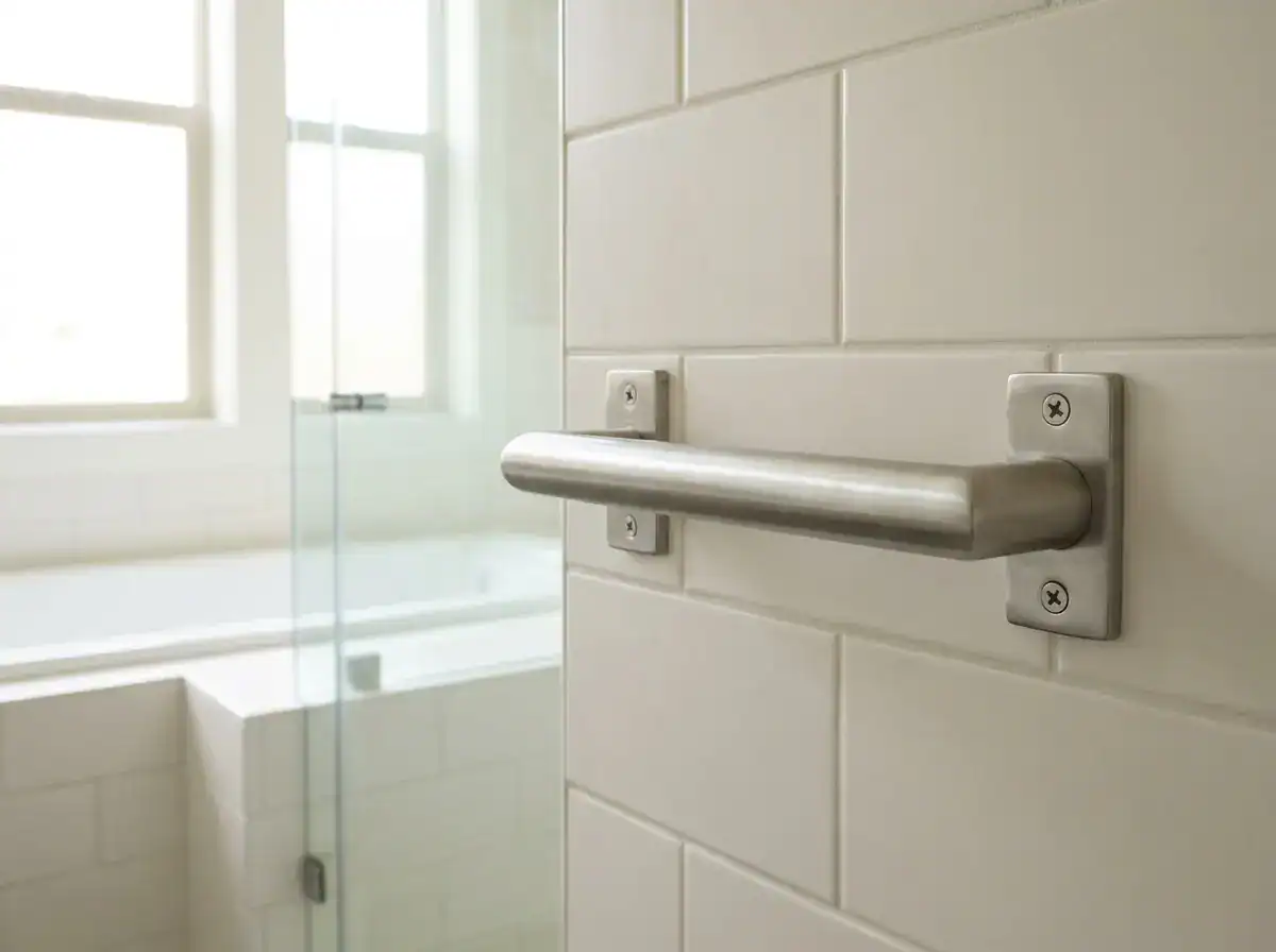 Fest verschraubter Haltegriff aus Edelstahl neben der Dusche