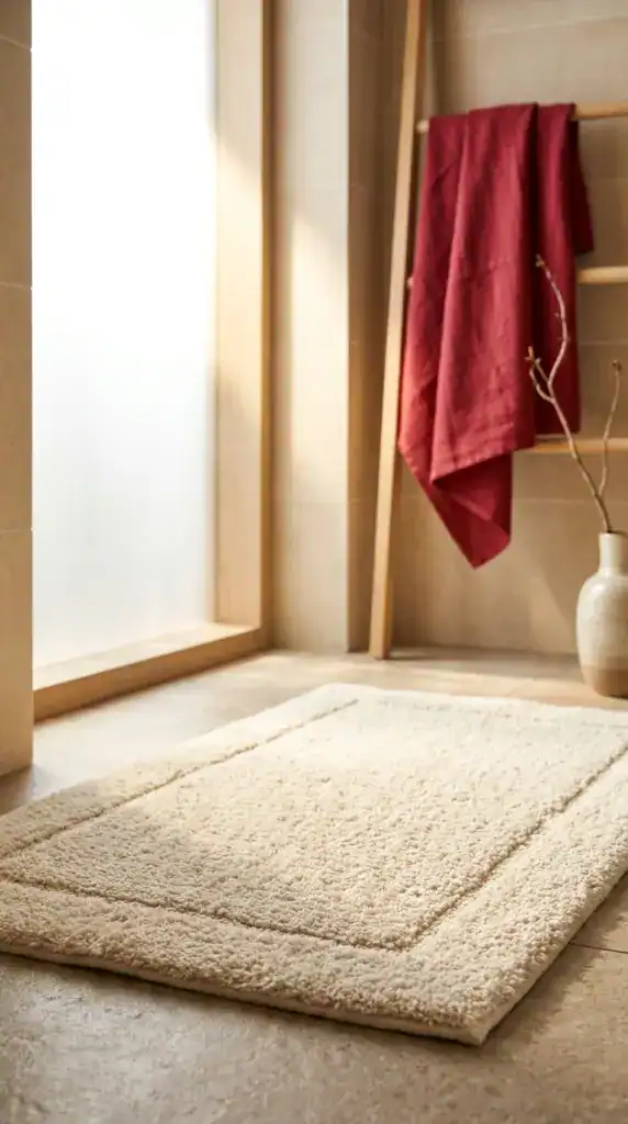 Komfort Badematte cremefarben mit Bordüre, weich im Badezimmer.