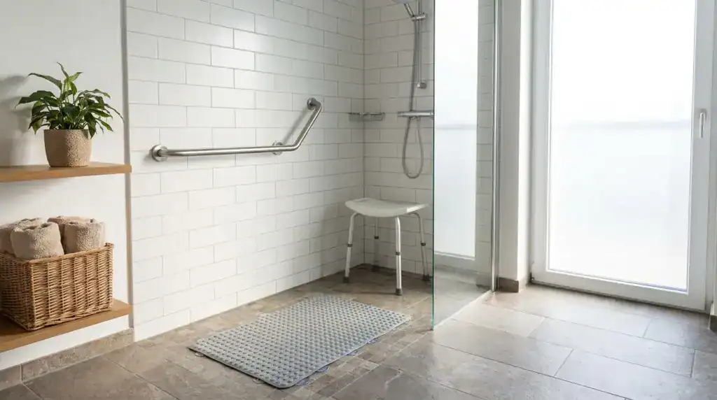 Barrierefreies Badezimmer mit Haltegriff, rutschfester Matte und bodengleicher Dusche